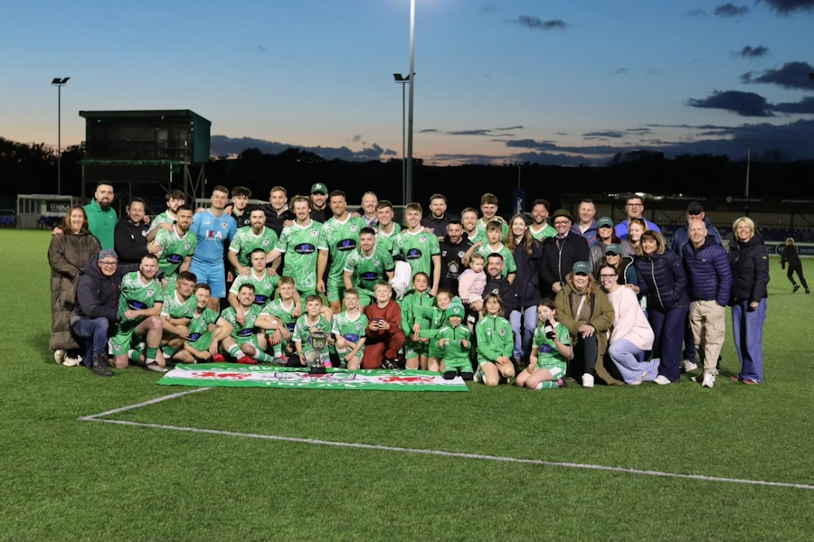 Caerphilly Athletic celebrate winning the Ardal Southern South East Championship Trophy 2025-26.