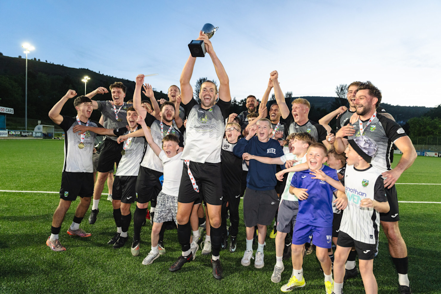 Steven Berry Captain of Pontardawe Town lifts the Ardal Southern Play off Trophy 2025/26 after the 2-0 win over Cwmbran Town at the M&P 3G in Cambrian.